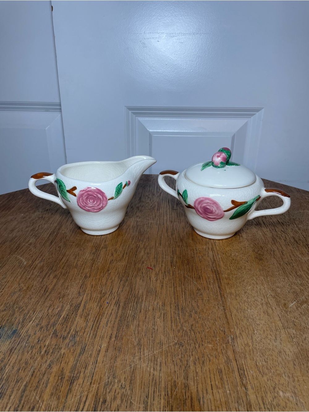 Vintage Metlox Camellia Creamer & Sugar Bowl Set California Hand Decorated